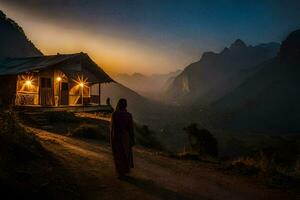 een vrouw staat in voorkant van een hut Bij zonsondergang. ai-gegenereerd foto