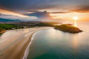de zon sets over- de strand en de stad van Rio de janeiro. ai-gegenereerd foto