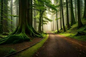 een weg in de midden- van een Woud met bomen. ai-gegenereerd foto