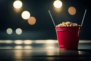 een rood emmer met popcorn en rietjes Aan een tafel. ai-gegenereerd foto