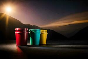 drie kleurrijk cups zitten Aan een tafel in voorkant van bergen. ai-gegenereerd foto