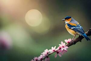 foto behang de lucht, vogel, lente, de zon, bloemen, de vogel, lente,. ai-gegenereerd