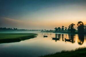 boten Aan de rivier- Bij zonsopkomst. ai-gegenereerd foto