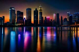de stad horizon is weerspiegeld in de water Bij nacht. ai-gegenereerd foto