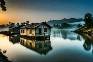 een huis Aan de water Bij zonsopkomst met een mistig lucht. ai-gegenereerd foto