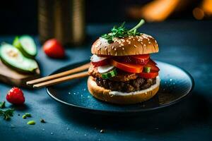 een Hamburger met groenten en tomaten Aan een bord. ai-gegenereerd foto