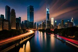 de chicago horizon Bij nacht met lichten strepen aan de overkant de water. ai-gegenereerd foto