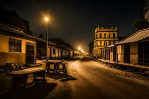 een straat Bij nacht met een weinig gebouwen en een bank. ai-gegenereerd foto