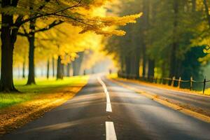 herfst weg met geel bomen en bomen. ai-gegenereerd foto