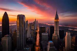 de stad horizon Bij zonsondergang in nieuw york. ai-gegenereerd foto