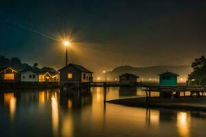 een nacht schot van een klein stad- Aan de water. ai-gegenereerd foto