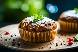 twee muffins Aan een bord met een groen blad. ai-gegenereerd foto