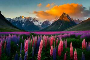 de bergen zijn gedekt in Purper bloemen en roze bergen. ai-gegenereerd foto
