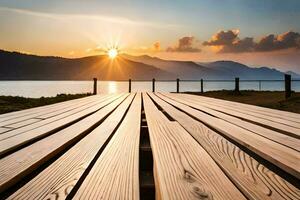 een houten dok met de zon instelling over- de water. ai-gegenereerd foto