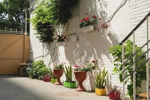 kleurrijke bloemenstraat met witte bakstenen muur in mediterrane stad foto