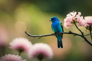 een blauw vogel zit Aan een Afdeling met roze bloemen. ai-gegenereerd foto