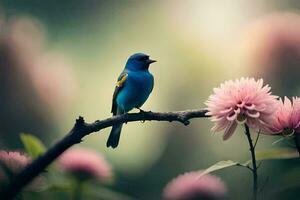 een blauw vogel zit Aan een Afdeling met roze bloemen. ai-gegenereerd foto