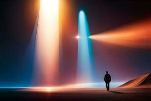 een Mens staand in voorkant van een helder licht. ai-gegenereerd foto