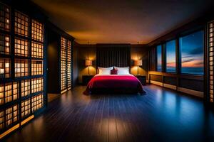 een slaapkamer met een bed en ramen met uitzicht de oceaan. ai-gegenereerd foto