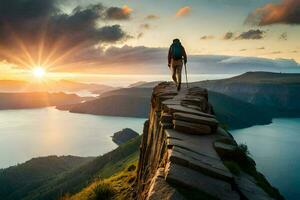 een persoon staand Aan een klif met uitzicht een meer en bergen. ai-gegenereerd foto