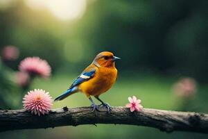 foto behang de lucht, vogel, bloemen, lente, de zon, bomen, vogel, bloemen. ai-gegenereerd