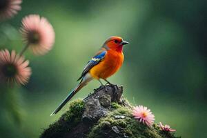 een kleurrijk vogel is zittend Aan top van een mos gedekt stomp. ai-gegenereerd foto