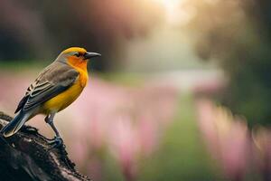 een geel en oranje vogel zittend Aan een Afdeling. ai-gegenereerd foto