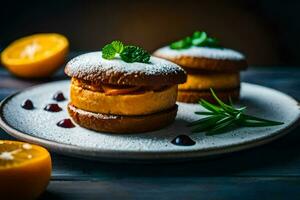 twee cakes met oranje plakjes en munt bladeren. ai-gegenereerd foto