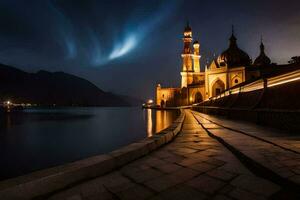 de moskee Bij nacht met een licht pad. ai-gegenereerd foto