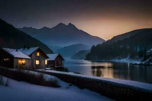 foto behang de lucht, bergen, meer, huis, de donker, winter, de bergen,. ai-gegenereerd