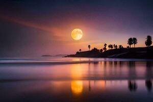 de maan stijgt over- de oceaan en palm bomen. ai-gegenereerd foto