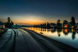 een weg en een rivier- Bij zonsondergang. ai-gegenereerd foto