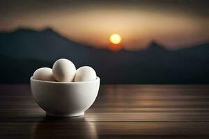 eieren in een kom Aan een tafel met bergen in de achtergrond. ai-gegenereerd foto
