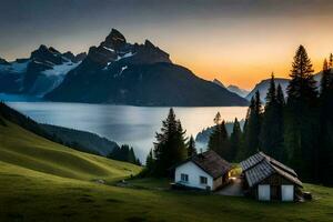 de huis in de bergen, meer, bergen, zonsondergang, natuur, hd behang. ai-gegenereerd foto