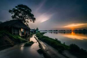 een klein hut zit Aan de kust van een rivier- Bij zonsondergang. ai-gegenereerd foto