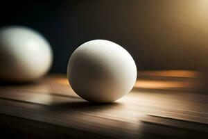 twee eieren Aan een tafel met een licht achter hen. ai-gegenereerd foto