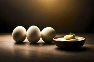 eieren in een kom met een lepel. ai-gegenereerd foto