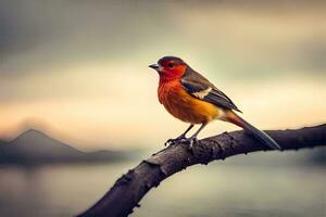 een rood en oranje vogel zittend Aan een Afdeling. ai-gegenereerd foto