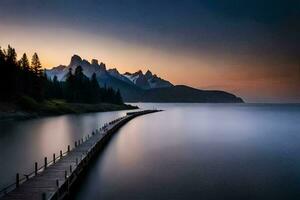 een lang pier strekt zich uit uit in de water Bij zonsondergang. ai-gegenereerd foto