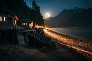 een maanlicht meer met huizen Aan de oever. ai-gegenereerd foto
