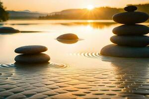 zen stenen in de water Bij zonsondergang. ai-gegenereerd foto