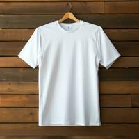 duidelijk wit t-shirt mockup met een hanger hangende Aan een houten achtergrond, ai generatief foto