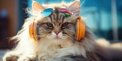 koel kat in hoofdtelefoons en zonnebril, ai generatief foto