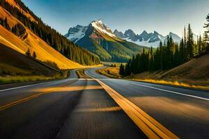 een weg in de bergen met bergen in de achtergrond. ai-gegenereerd foto