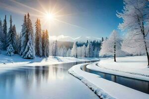 een rivier- in de sneeuw. ai-gegenereerd foto