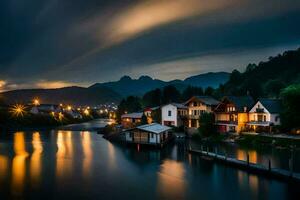 foto behang de lucht, nacht, bergen, meer, huizen, rivier, de nacht, de. ai-gegenereerd