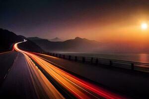 een lang blootstelling fotograaf van een snelweg Bij zonsondergang. ai-gegenereerd foto