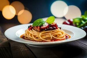 spaghetti met kers tomaten en basilicum bladeren Aan een bord. ai-gegenereerd foto