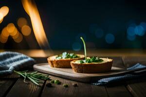 twee klein brood taartjes met kruiden Aan een houten snijdend bord. ai-gegenereerd foto