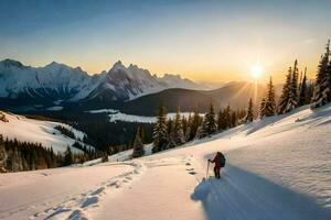 een persoon wandelen Aan sneeuw in de bergen Bij zonsondergang. ai-gegenereerd foto